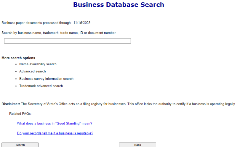 Colorado business database search tool