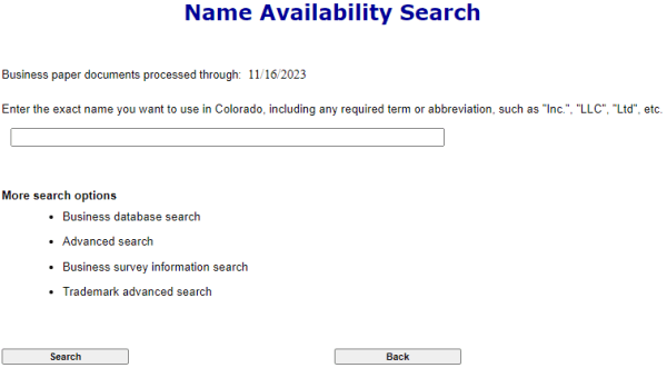 Colorado's name availability search tool