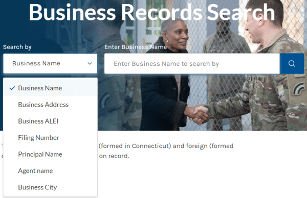advanced search function of the Connecticut business search