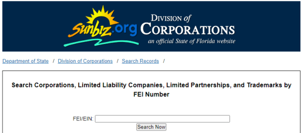 EIN search function of the Florida business entity search