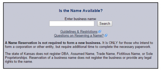 Kansas name availability search form.