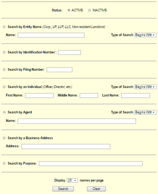 Rhode Island Secretary of State business entity name search form.
