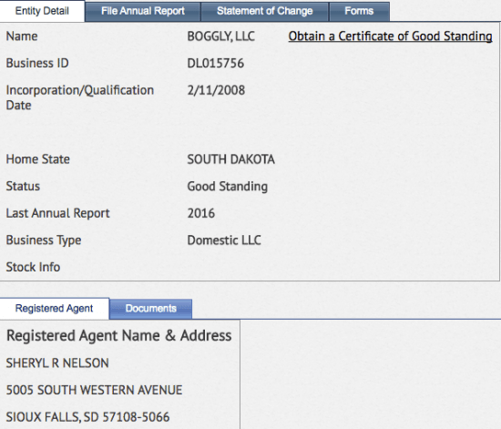 South Dakota Secretary of State business search form by entity details example result.