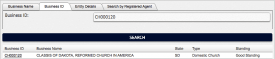 South Dakota SOS business entity ID search results example.