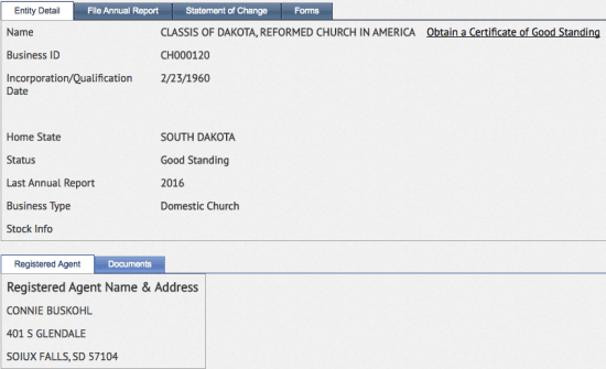 SD SOS business entity ID search result details page.