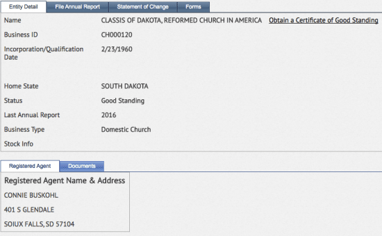 SD SOS business entity name search result details page.