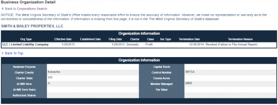 West Virginia Secretary of State business entity search by organization details.